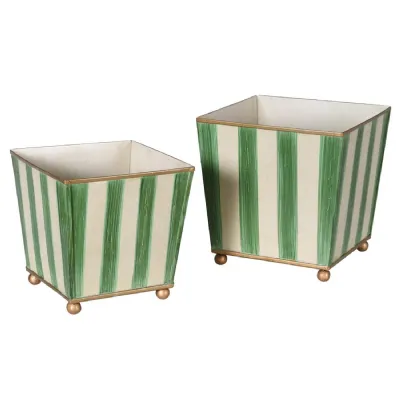 Set of 2 Green Striped Tapered Planters