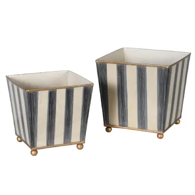 Set of 2 Grey Striped Tapered Planters