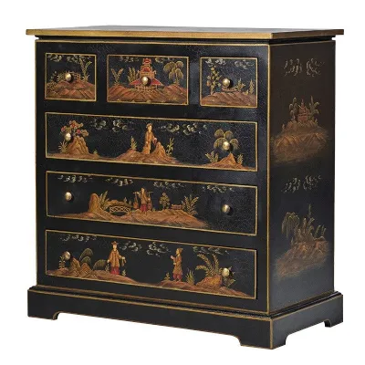 Black Painted Antique Style Chinese Deco 6 Drawer Chest Coach House
