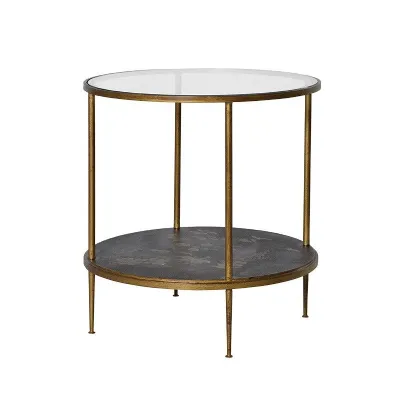 Gold Leaf Black Glass Top Round Occasional Side Table