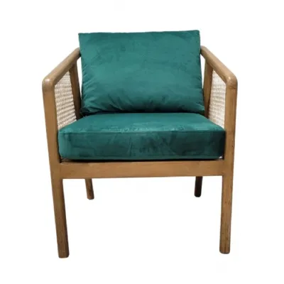 Garden Rattan and Wood Occasional Arm Chair with Green Velvet Cushions