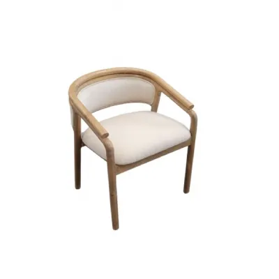 Natural Teak Wood and Cream Fabric Upholstered Dining Chair