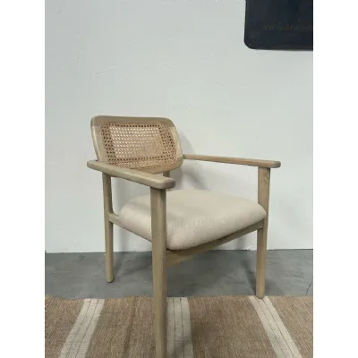 Natural Teak Wood Dining Chair with Rattan Backrest and Cushioned Seat