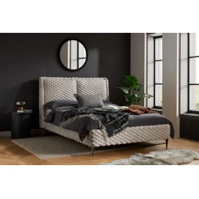 White Fabric King Size Furred Bed Tufted Headboard