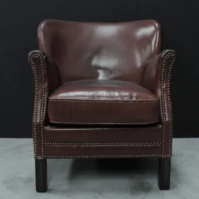 Vintage Brown Full Leather Upholstered Studded Club Lounge Chair