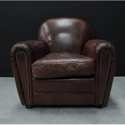 Vintage Brown Leather Upholstered Art Deco Armchair with Brass Stud Detailing