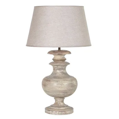 Weathered Turned Wooden Lamp With Natural Shade