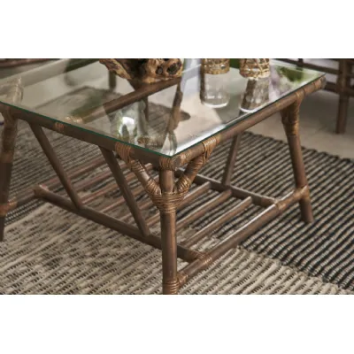 Boho Chic Square Brown Bamboo and Glass Top Coffee Table with Shelf