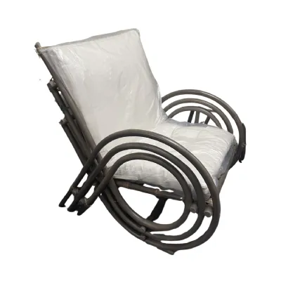 Art Deco Grey Kubu Rattan Curved Lounge Chair with Cushioned Seat