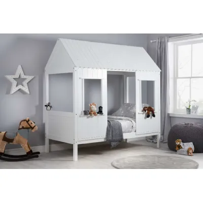 White Wood Single Treehouse Kids Bed with Storage