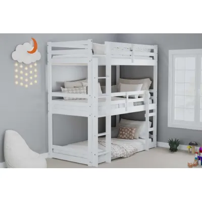 White Wood Single Triple Kids Bunk Bed with Side Ladder