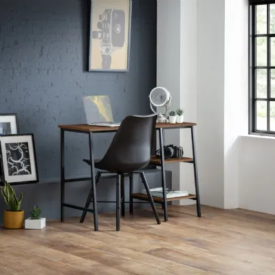 Modern Walnut Rectangular Desk with Shelves and Black Metal Frame