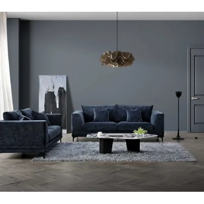 Modern Blue Velvet Upholstered 3 and 2 Seater Sofa Set with Wooden Plinth Base