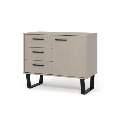 Grey Washed Wax Small 1 Door 3 Drawer Sideboard