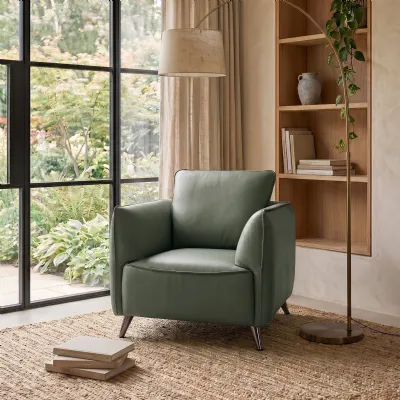 Green Leather Cushion Back Armchair Nickel Legs