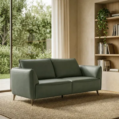 Green Leather 3 Seater Cushion Back Sofa Nickel Legs