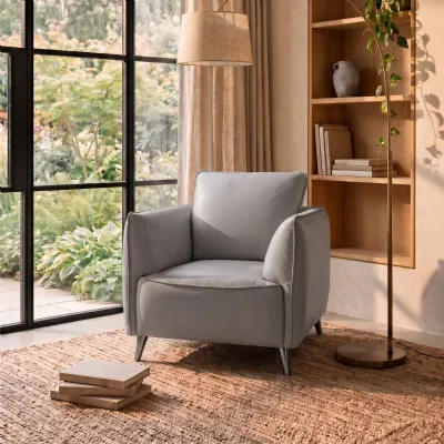 Light Grey Leather Cushion Back Armchair Nickel Legs