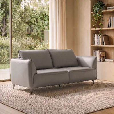 Light Grey Leather 3 Seater Cushion Back Sofa Nickel Legs