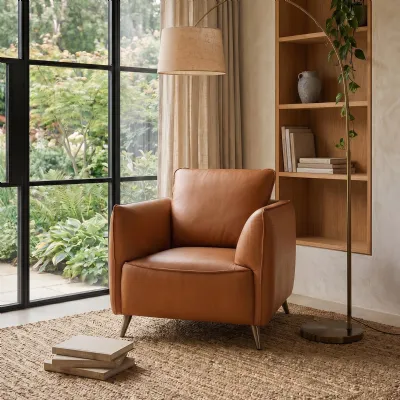 Tan Leather Cushion Back Armchair Nickel Legs