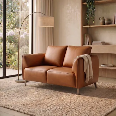 Tan Leather 2 Seater Cushion Back Sofa Nickel Legs