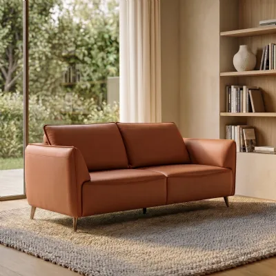 Tan Leather 3 Seater Cushion Back Sofa Nickel Legs