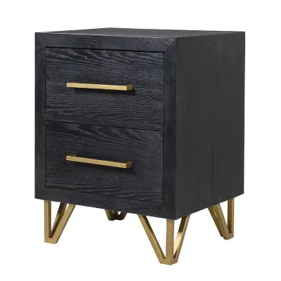 Modern Sleek Black Wooden 2 Drawer Bedside Cabinet With Gold Handles