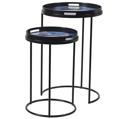 Nest of Two Retro Tray Side Tables Black and Blue Marble Effect