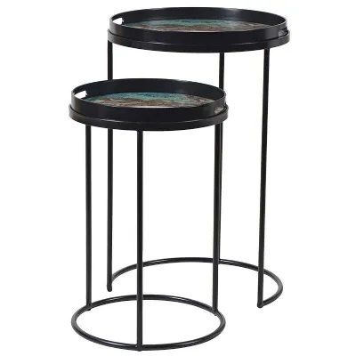 Nest of Two Black and Green Marble Effect Retro Tray Side End Tables