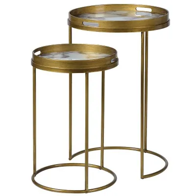 Nest of Two Retro Gold Painted With White Marble Effect Side Tables