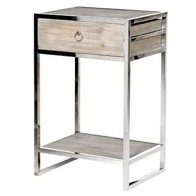 Fir Wood And Stainless Steel Bedside Table
