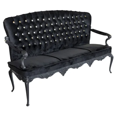 Black Velvet Fabric Upholstered Love Seat Gold Buttoned Back