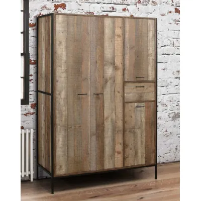 Industrial Rustic Wood Effect 4 Door Wardrobe