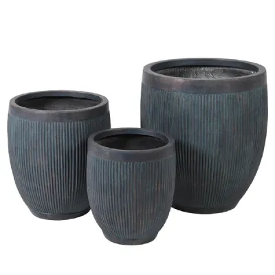 Set Of 3 Verdigris Ribbed Planters