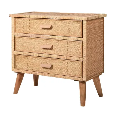 Natural Rattan 3 Drawer Bedside
