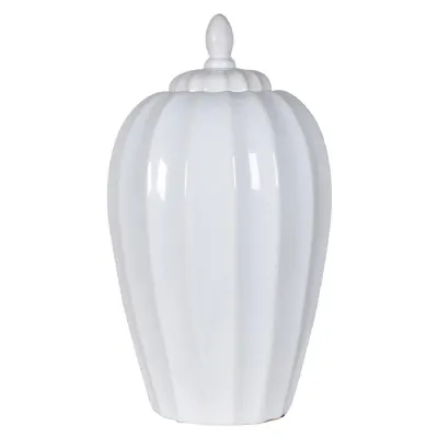 Large White Ribbed Jar with Lid