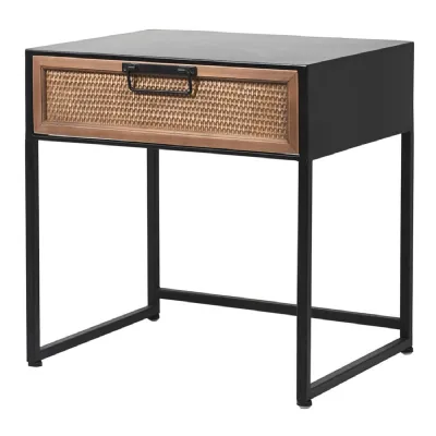 Rattan and Black Single Drawer Bedside