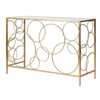 Art Deco Gold Metal Loop Circles Console Table Mirrored Glass Top 120cm Wide