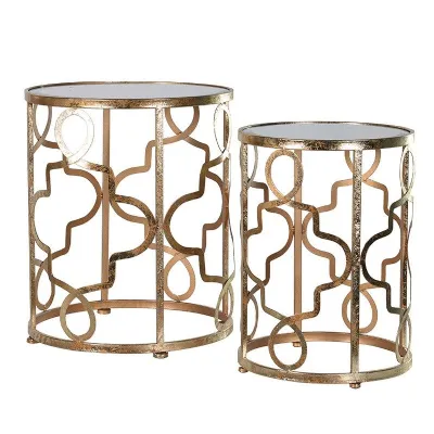 North African Quatrefoil Pattern Set of 2 Gold Round Tables Glass Tops