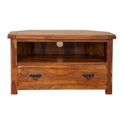 Rustic Solid Sheesham Wood Corner TV Unit with Drawer