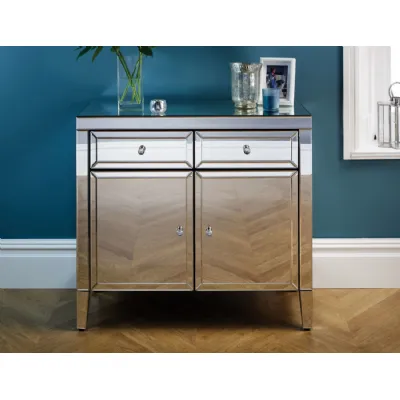 Mirrored Glass 2 Door 2 Drawer Sideboard Crystal Handles