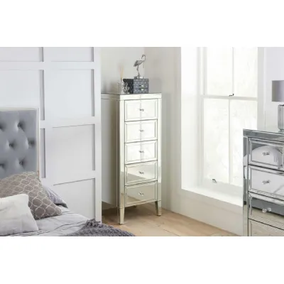 Mirrored Glass Narrow Chest of 5 Drawers Tallboy