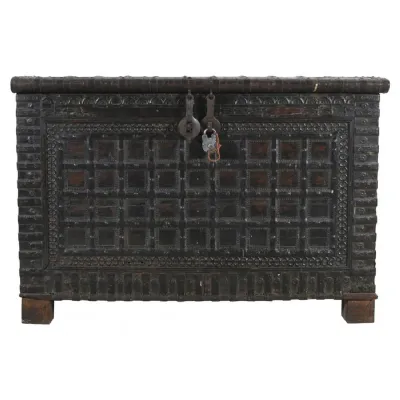 Vintage Style Antique Carved Wood Console Chest with Ornate Iron Cladding