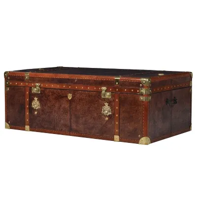 English Antique Tanned Leather Bound Trunk Coffee Table With Lid