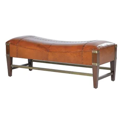 Luxury Tan Leather Shaped Wooden Framed Bench