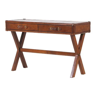 Vintage Style 2 Drawer Tanned Leather Desk