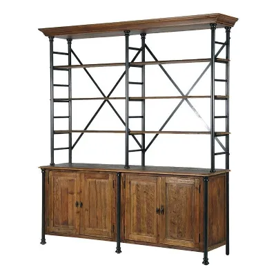 Large Industrial Wood and Metal Open Rack 4 Door Dresser Shelving Unit