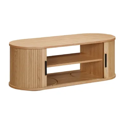 Oak Sliding Door Oval Storage Coffee Table with Open Shelves