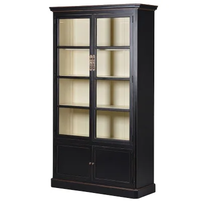 Oriental Shanxi Chinese Black Lacquered Large 2 Door Glazed Bookcase