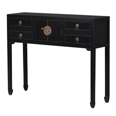 Shanxi Chinese Black Lacquered Hall Console Table With Drawers