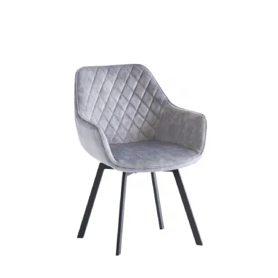 Silver Velvet Swivel Dining Chair Black Metal Legs